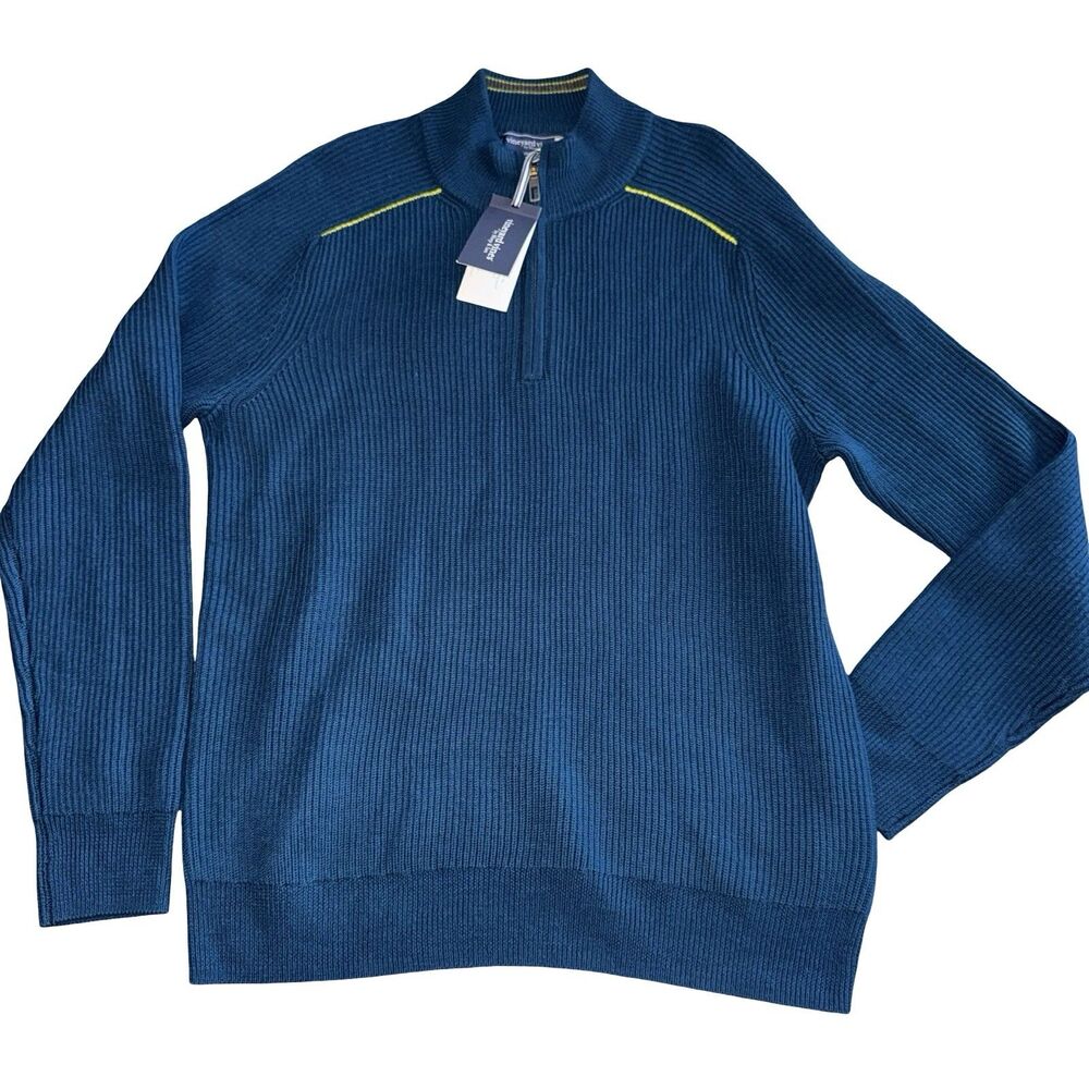 NWT Vineyard Vines sweater‎ adult M blue teal 1/4 zip OTG rib ski $198 mens Wool